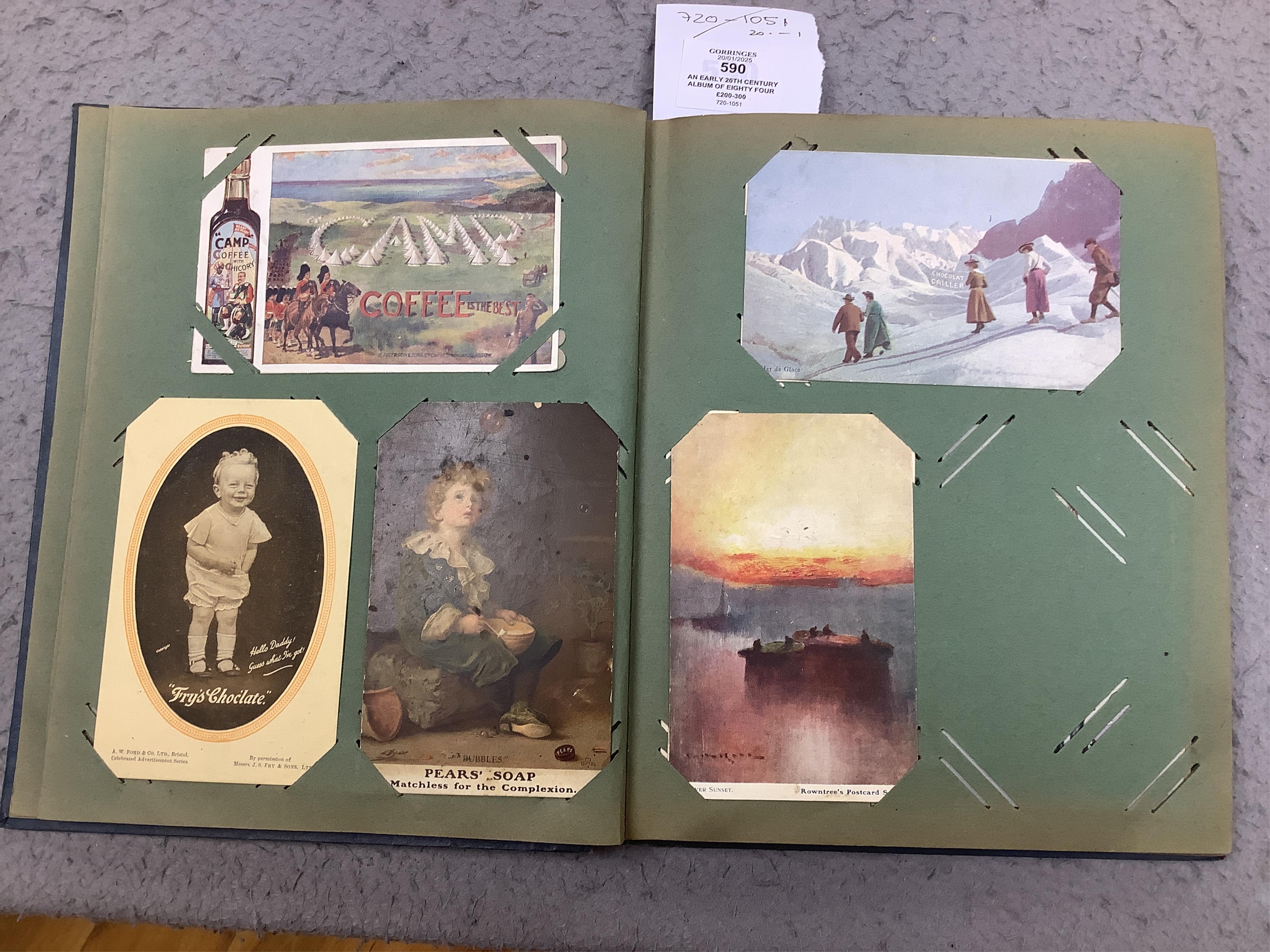 An early 20th century album of eighty four postcards; good selection including mechanical, silks, novelty, etc. Condition - variable